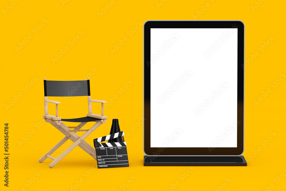 Poster Director Chair, Movie Clapper and Megaphone with Blank Trade Show LCD Screen Stand as Template for Your Design. 3d Rendering