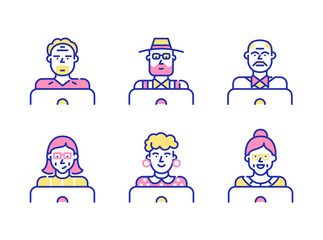 Elderly people using laptop. Working, chatting, learning. Pixel perfect, editable stroke fun color icons set