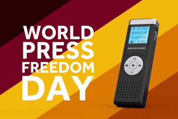 World Press Freedom Day Concept. Journalist Digital Voice Recorder or Dictaphone and Press Freedom...