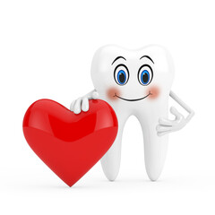 White Tooth Person Character Mascot with Red Heart. 3d Rendering