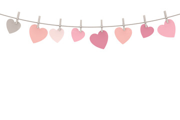 Many Valentine's Day Multicolor Heart Cards hanging on the Rope. 3d Rendering