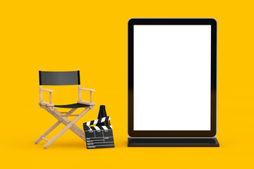 Director Chair, Movie Clapper and Megaphone with Blank Trade Show LCD Screen Stand as Template for Your Design. 3d Rendering