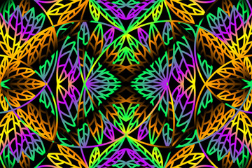 seamless colourful caleidoscope gradient flower and leaf line art pattern of indonesian culture traditional tenun batik ethnic dayak ornament for wallpaper ads background