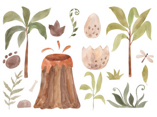 Watercolor  volcano, trees, leaves, dinosaur egg, footprints illustration for kids © Olga Listopad
