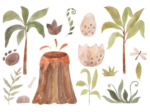 Watercolor  volcano, trees, leaves, dinosaur egg, footprints illustration for kids