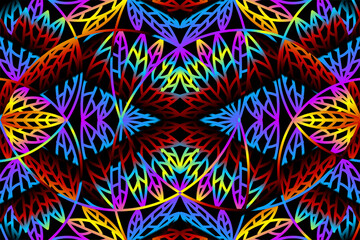 seamless colourful caleidoscope gradient flower and leaf line art pattern of indonesian culture traditional tenun batik ethnic dayak ornament for wallpaper ads background