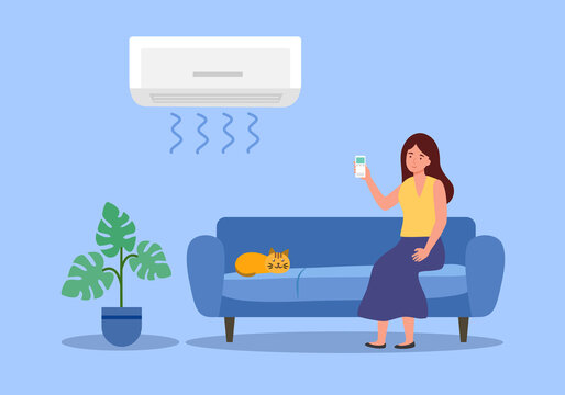 Woman Remote Control Air Conditioner In Living Room In Flat Design.