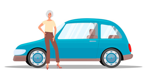 A car and a girl.The girl is standing next to the car.The concept of travel, recreation and ease of movement.Vector illustration.