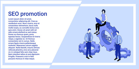 SEO promotion.People are engaged in the development and support of digital products.An illustration in the style of the landing page is blue.