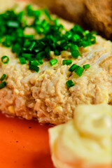 pasta on rye bread with green onions