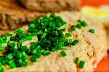 pasta on rye bread with green onions