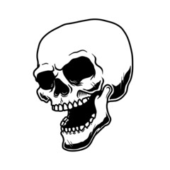 Illustration of human skull in monochrome style. Design element for poster, card, banner, emblem, sign. Vector illustration