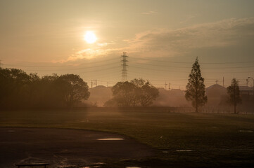 朝霧のかかる公園