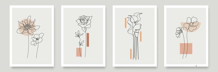 Modern Abstract Flowers Line Art Backgrounds Set with Geometric Shapes for Wall Decor, Print, Poster, Card or Cover Design. Botanical Abstract Prints Set. Vector EPS 10.