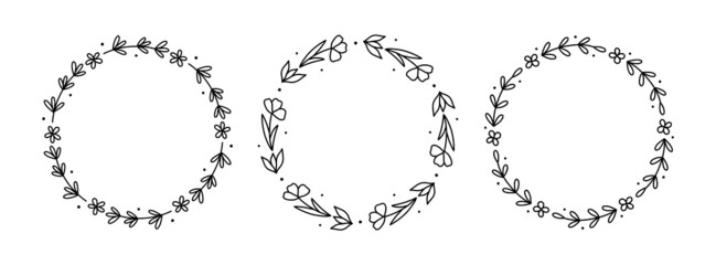 Set of spring floral wreaths isolated on white background. Round frames with flowers. Vector hand-drawn illustration in doodle style. Perfect for cards, invitations, decorations, logo, various designs
