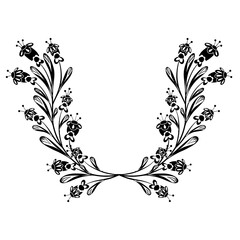 Vector monochrome clipart frame with small flowers on stems with folk ornaments. Template with black floral arrangement with naive ornaments.