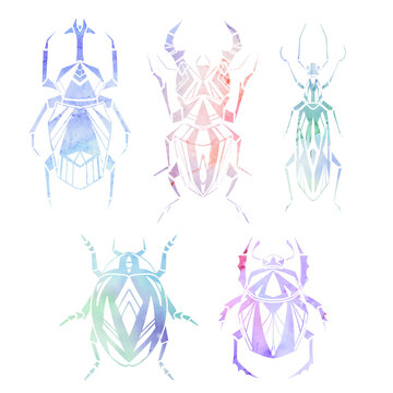 Vector set of geometric insects with poly decorations and watercolor background. Geometric stag beetle and flying ant in gentle colors.