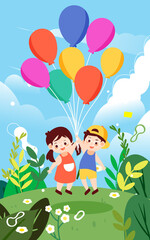 Children day kids are playing with balloons with plants and clouds in the background, vector illustration