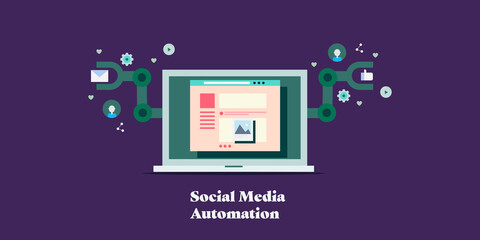 Social media tool - marketing automation software with AI technology conceptual web banner template.