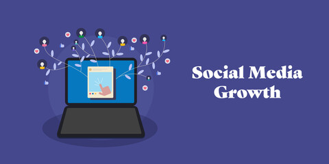 Social media growth - followers growing on tree laptop computer, publishing post. Flat design web banner.