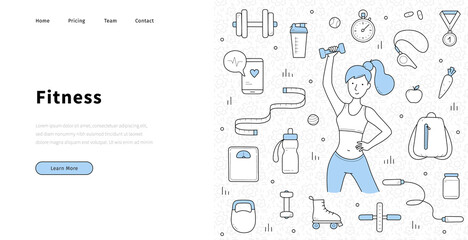 Fitness landing page in doodle style, woman exercising with dumbbells, healthy lifestyle, sport, weight loss and workout recreation in gym. Fit girl, gadgets for sports life, Linear vector web banner