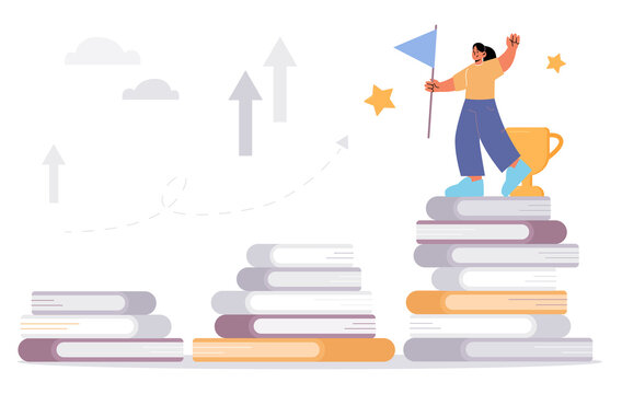 Education, reading, self development concept. Woman with flag in hand stand on top of books pile. Student female character learning, studying, goal achievement, exam Linear flat vector illustration