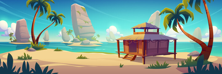Beach hut or bungalow on tropical beach. Island resort with shack, wooden house on piles, palm trees and rocks. Cartoon ocean landscape, 2d background, cottage with thatch roof Vector illustration
