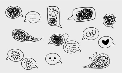 Set of confused messed up thoughts bubble line art icons. Depressed mental state before therapy, brain overthinking - obrazy, fototapety, plakaty