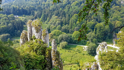 A panoramic view on Skala Biala Reka (the White Hand rock) in the Ojcow National Park near Krakow, Lesser Poland, Poland. Tatra mountains. Limestone rock formation. Jurassic Krakow-Czestochowa Upland