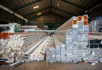 aluminum pipe products for various needs in a warehouse in an aluminum processing factory.