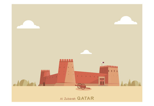 Vector cartoon landmark of Qatar famous landscape.Al Zubarah fort.Earth tone color for Fifa 2022