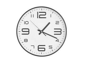 Black wall clock isolated on white background, time 1 hr 20 min.	