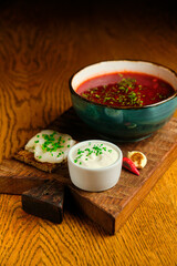 Traditional Ukrainian borscht, red vegetable and meat soup or borscht
