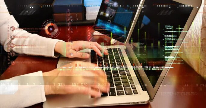 4K computer notebook laptop keyboard input closeup.financial stock chart;Business tech digital Data trend hud Graph;Financial business diagram with charts and stock numbers showing profits.