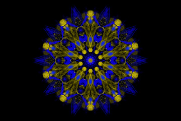 Mandala of yellow-blue circles and lines in the colors of the flag of Ukraine on a black background, free nation, art