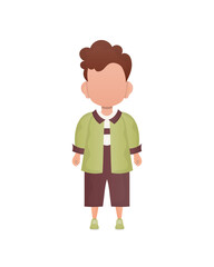 Dark-haired little boy, preschool age in a shirt and shorts. Isolated. Vector illustration in cartoon style.
