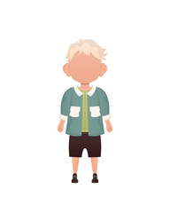 Fair-haired little boy, preschool age in a shirt and shorts. Isolated. Cartoon style. Vector illustration.