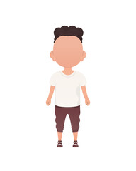 Dark-haired little boy, preschool age in a t-shirt and shorts. Isolated. Cartoon style. Vector illustration.
