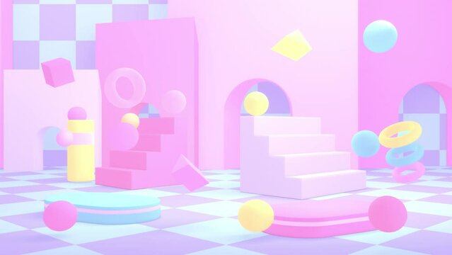 Looped abstract pink geometric room with stairs, podiums, corridors, and bouncing various geometric shapes animation.