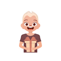 A small boy child is depicted waist-deep and holding a box with a bow in his hands. Birthday, New Year or holidays theme. Cartoon style, isolated.