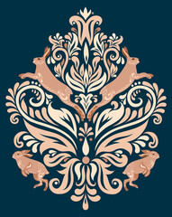 Ornament with hares in the style of Damask on a dark blue background. 