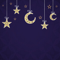 Islamic Festival Concept With Stars, Crescent Moons Decorated On Blue Flower Pattern Background And Copy Space.