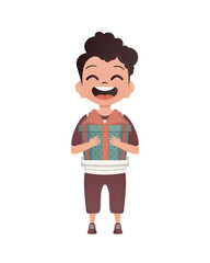 A small boy of preschool age is depicted in full growth and holds a gift box in his hands. Birthday, New Year or holidays theme. Cartoon style, isolated.