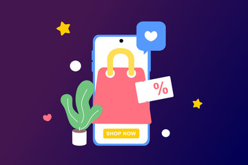 Online shopping in mobile smart phone. Big sale, special discount, social advertising. Mobile and digital marketing. Flat vector illustration for graphic element, sign, symbol. Modern minimalist style