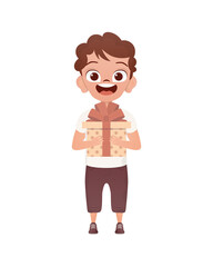 A small boy of preschool age is depicted in full growth and holds a gift in his hands. Birthday, New Year or holidays theme. Isolated. Cartoon style.