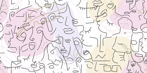 One line drawing. Abstract face seamless pattern.