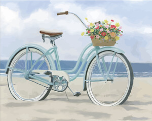 Fototapeta na wymiar Bicycle Day with Flowers Vector Background, Bike and Floral Hand Drawn Drawing Vector Water Color 