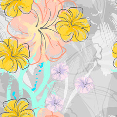 Pink Flowers Blooming Pattern. Pastel Watercolor.