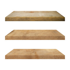 3 old wood shelf table isolated on white background and display montage for product.