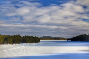 Winterly view over Vindel river in northern Sweden